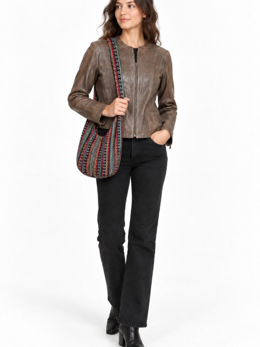 DANIER Brown Italian Leather Jacket & Woven Boho Crossbody Sling Bag Bundle Size